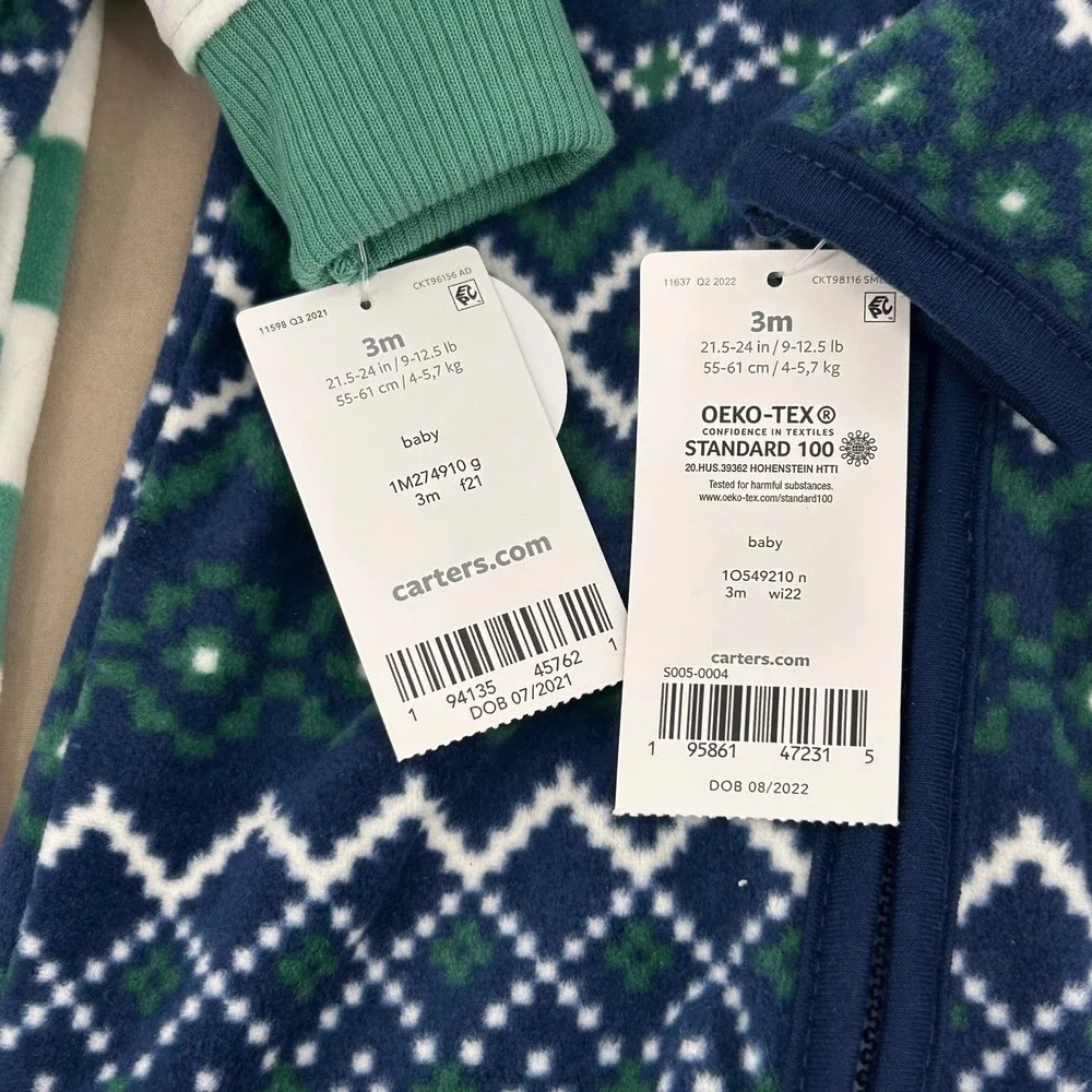 Carter's Fleece Jumpsuit Baby 3M Green Navy Striped Fair Isle‎ Hooded Cozy Dino